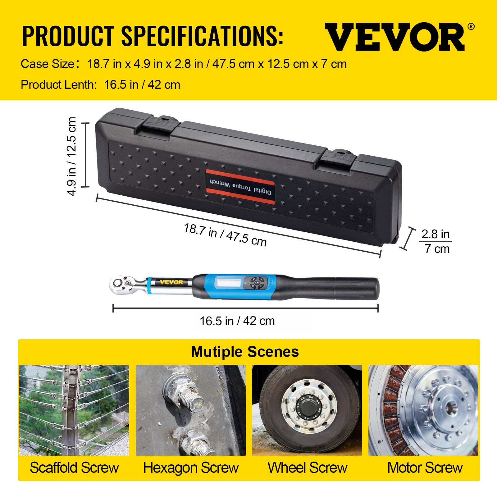 Llave dinamométrica digital VEVOR con estuche, medidas y aplicaciones versátiles.