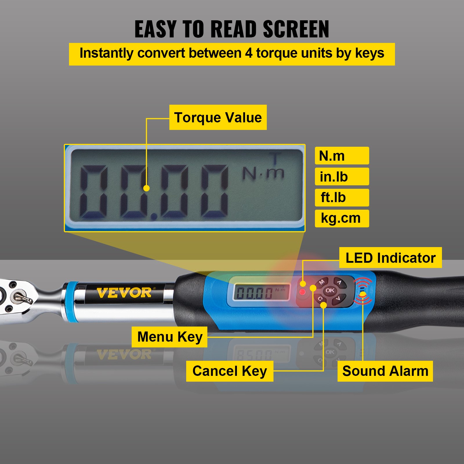 Llave dinamométrica digital VEVOR con pantalla de fácil lectura, indicador LED y teclas de menú.