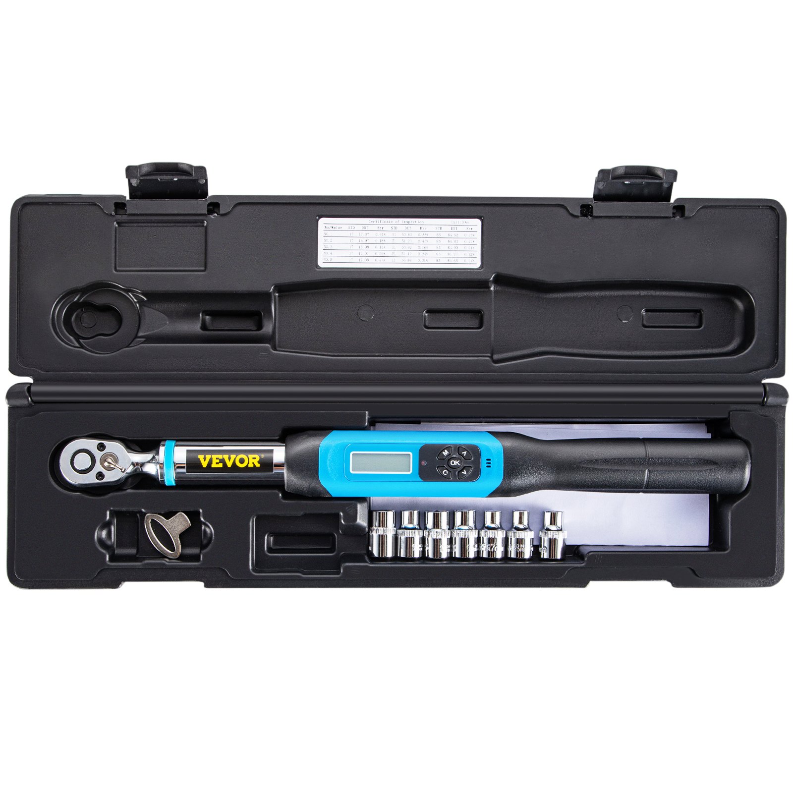 Llave dinamométrica digital VEVOR en estuche negro con múltiples accesorios de herramientas.