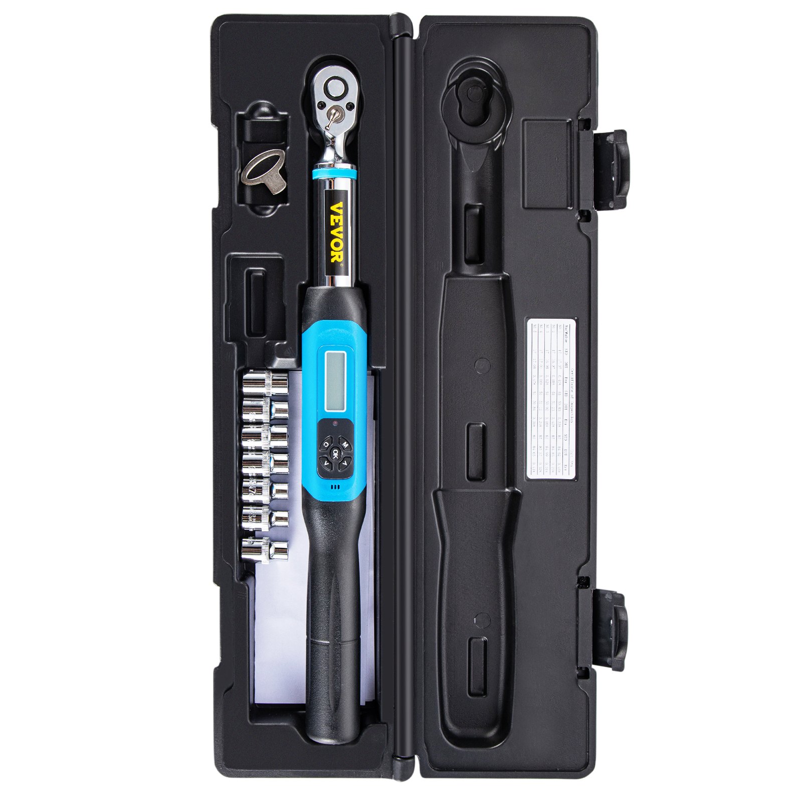 Llave dinamométrica digital VEVOR en estuche negro con vasos y accesorios.
