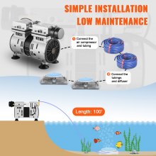 VEVOR Aireador de estanque, potencia de 550 W, 5,2 CFM para lago de hasta 3 acres y 50 pies, kit de aireación de estanque que incluye compresor de 3/4 HP y 2 tubos pesados ​​de 100 pies y 2 difusores