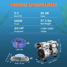 VEVOR Aireador de estanque, potencia de 550 W, 5,2 CFM para lago de hasta 3 acres y 50 pies, kit de aireación de estanque que incluye compresor de 3/4 HP y 2 tubos pesados ​​de 100 pies y 2 difusores