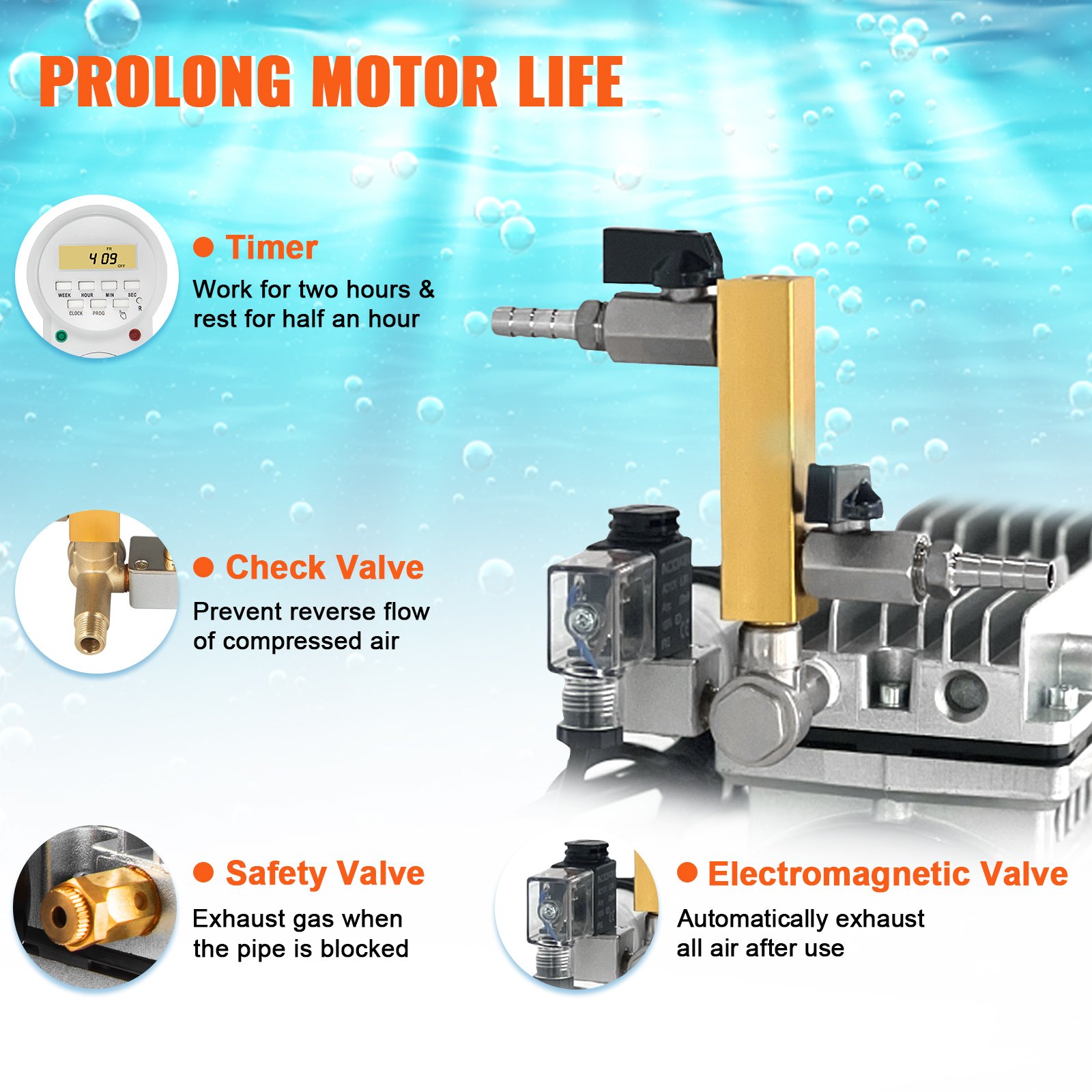 El aireador VEVOR cuenta con un temporizador, válvula de retención, válvula de seguridad y válvula electromagnética para prolongar la vida útil del motor.