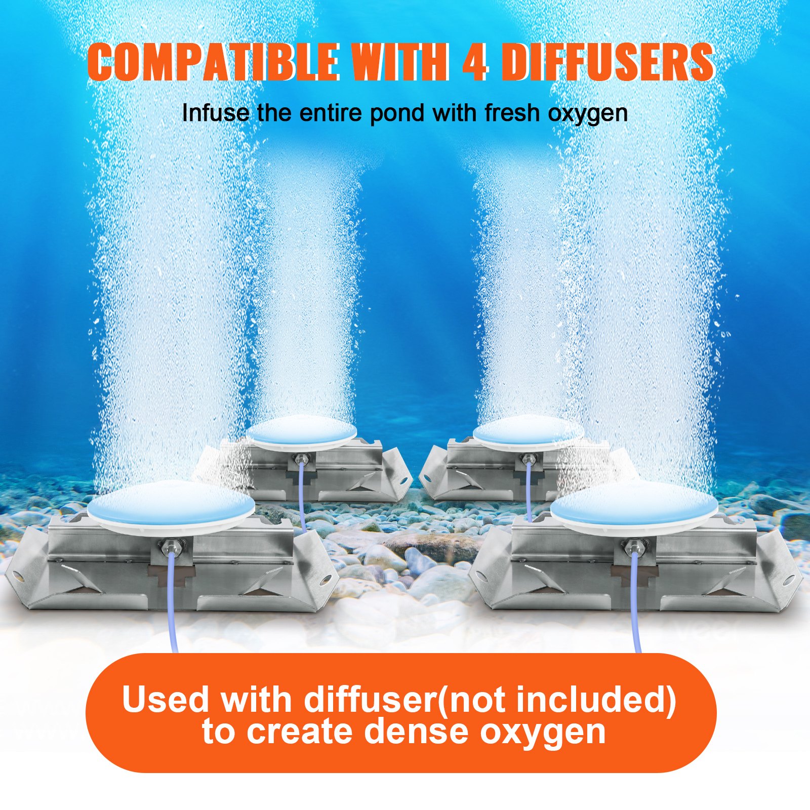 Aireador VEVOR compatible con 4 difusores, infundiendo burbujas de oxígeno fresco al agua del estanque.