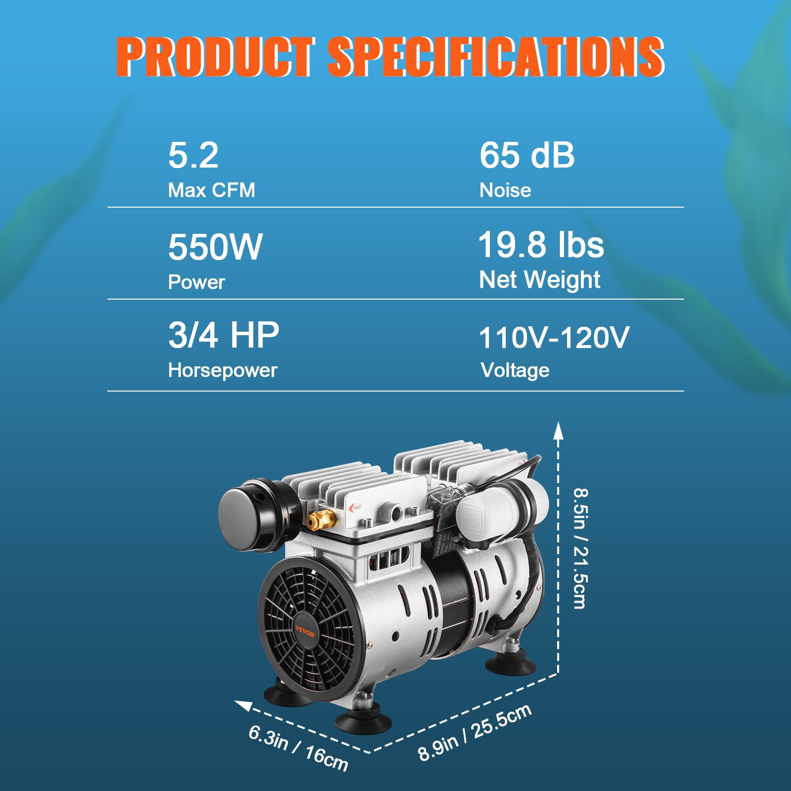 Especificaciones del producto aireador VEVOR: 5,2 cfm máximo, 550 w, 3/4 hp, 65 db, 19,8 lbs, 110v-120v, dimensiones 8,9x6,3x8,5 pulgadas.