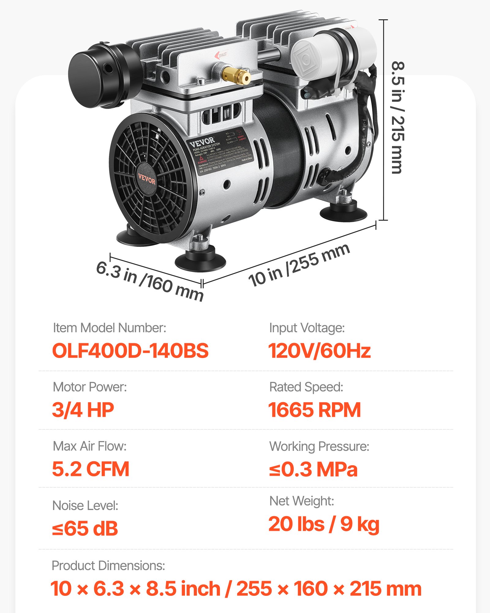 VEVOR Aireador de Estanque, 550 W, 5,2 CFM para Un Lago de hasta 3 Acres, Incluye Compresor de 3/4 HP, Temporizador y Válvulas, para Circulación de Oxígeno en Aguas Profundas, 25,5 x 16 x 21,5 cm