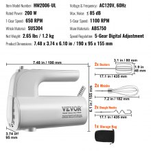 VEVOR Batidora de mano eléctrica digital, 5 velocidades, 200 W, batidora eléctrica portátil, con batidores Turbo Boost, ganchos para masa, batidores, bolsa de almacenamiento, suministros para hornear para batir huevos, galletas, pasteles, crema