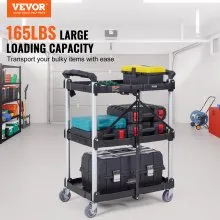 VEVOR Carro de servicio plegable, 3 estantes, 165 libras, carro rodante de plástico resistente con ruedas bloqueables, mango ergonómico, carro de herramientas de garaje portátil para almacén/oficina/h
