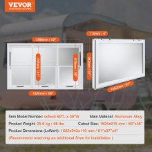 VEVOR Ventana de concesión de 60 x 36 pulgadas, ventana de servicio de camión de alimentos de aleación de aluminio con ventanas de elevación vertical y puerta de toldo y gancho de arrastre, ventana de servicio de hasta 85 grados para camiones de comida, remolques de concesión