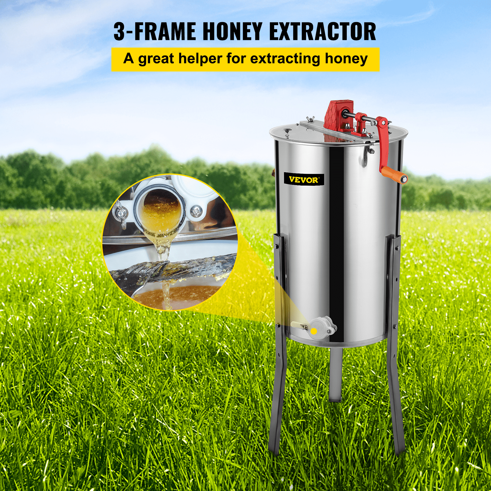 VEVOR Extractor Manual de Miel de 3 Cuadros, Exprimidor de Miel de Acero Inoxidable 201, Separador de Miel Altura de 61 cm, Colmena de Abejas Diámetro de 38 cm de Alta Resistencia, Fácil de Montar