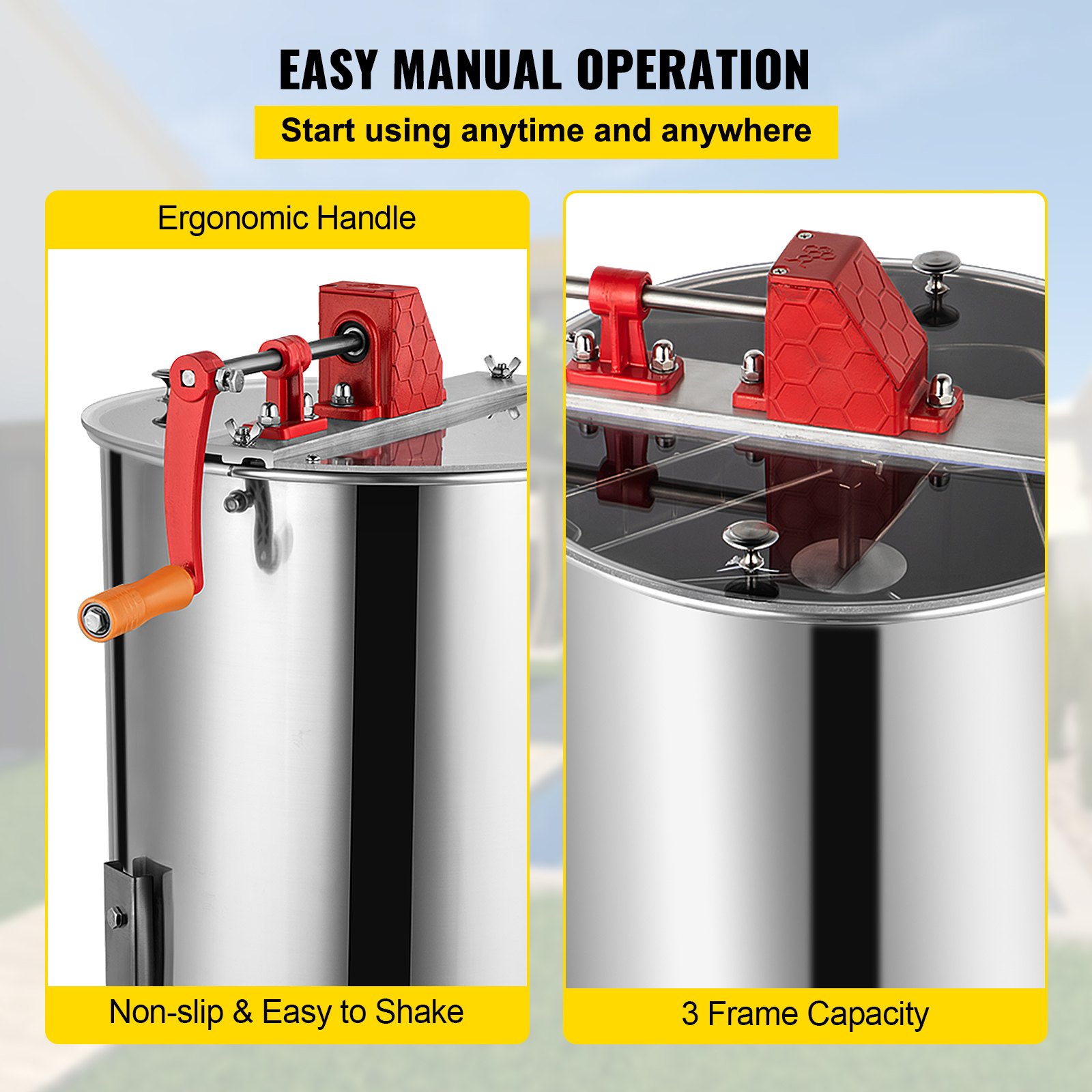 VEVOR Extractor Manual de Miel de 3 Cuadros, Exprimidor de Miel de Acero Inoxidable 201, Separador de Miel Altura de 61 cm, Colmena de Abejas Diámetro de 38 cm de Alta Resistencia, Fácil de Montar