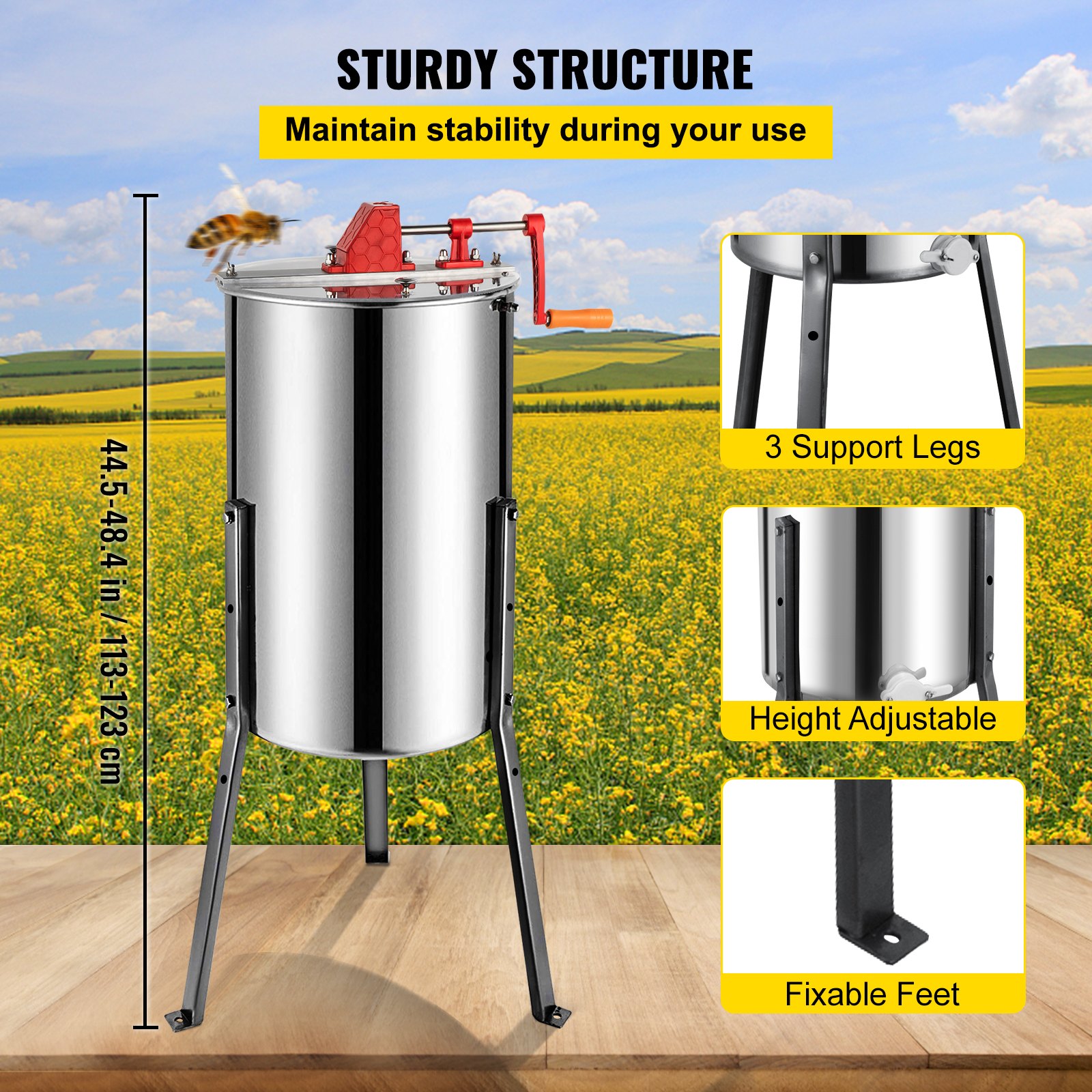 VEVOR Extractor Manual de Miel de 3 Cuadros, Exprimidor de Miel de Acero Inoxidable 201, Separador de Miel Altura de 61 cm, Colmena de Abejas Diámetro de 38 cm de Alta Resistencia, Fácil de Montar