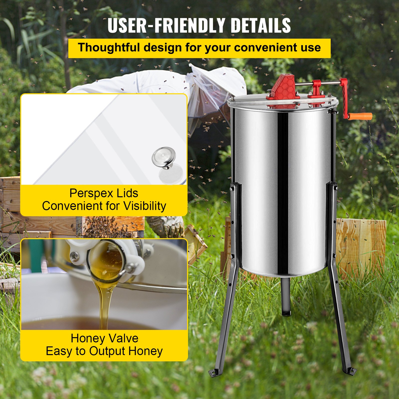 VEVOR Extractor Manual de Miel de 3 Cuadros, Exprimidor de Miel de Acero Inoxidable 201, Separador de Miel Altura de 61 cm, Colmena de Abejas Diámetro de 38 cm de Alta Resistencia, Fácil de Montar