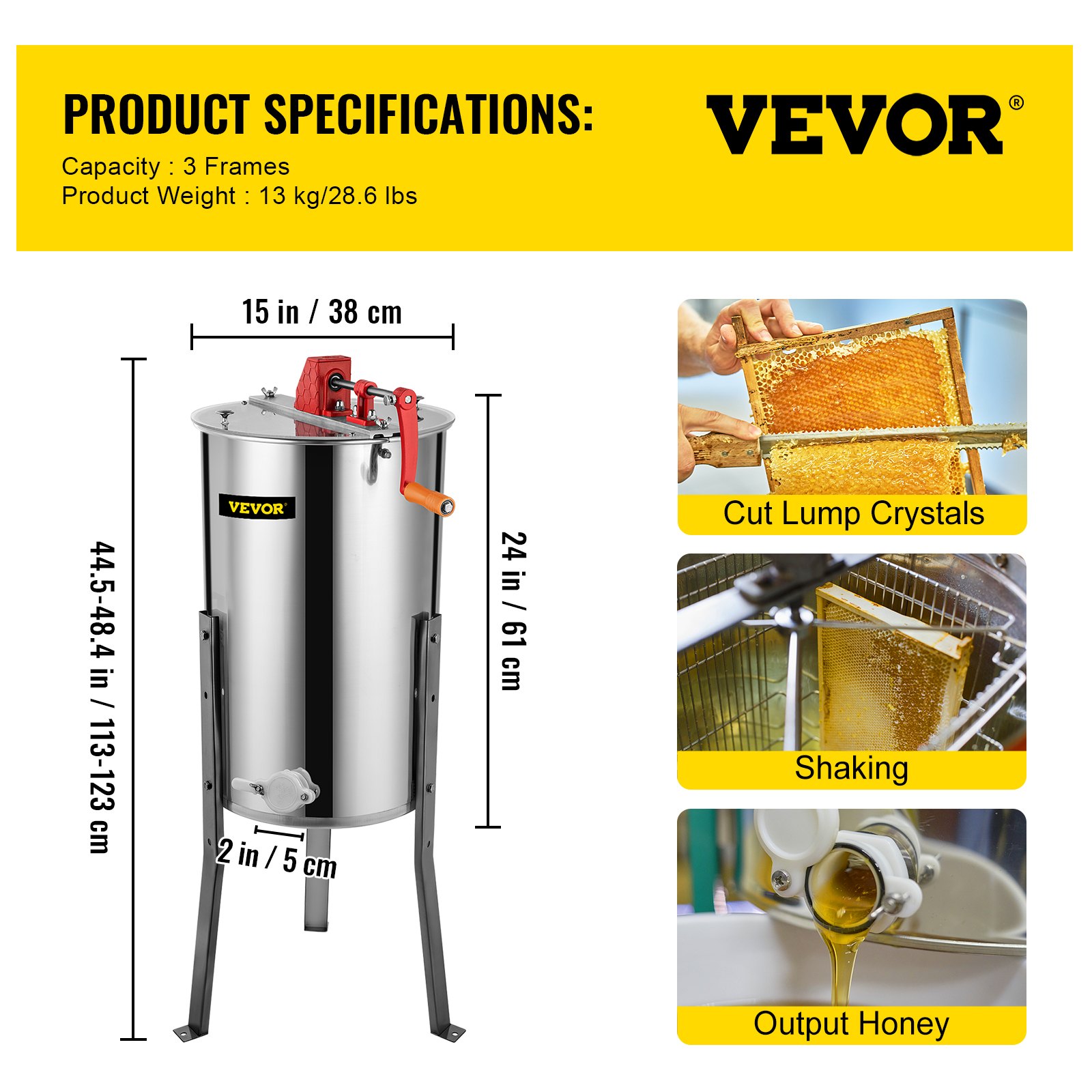 VEVOR Extractor Manual de Miel de 3 Cuadros, Exprimidor de Miel de Acero Inoxidable 201, Separador de Miel Altura de 61 cm, Colmena de Abejas Diámetro de 38 cm de Alta Resistencia, Fácil de Montar