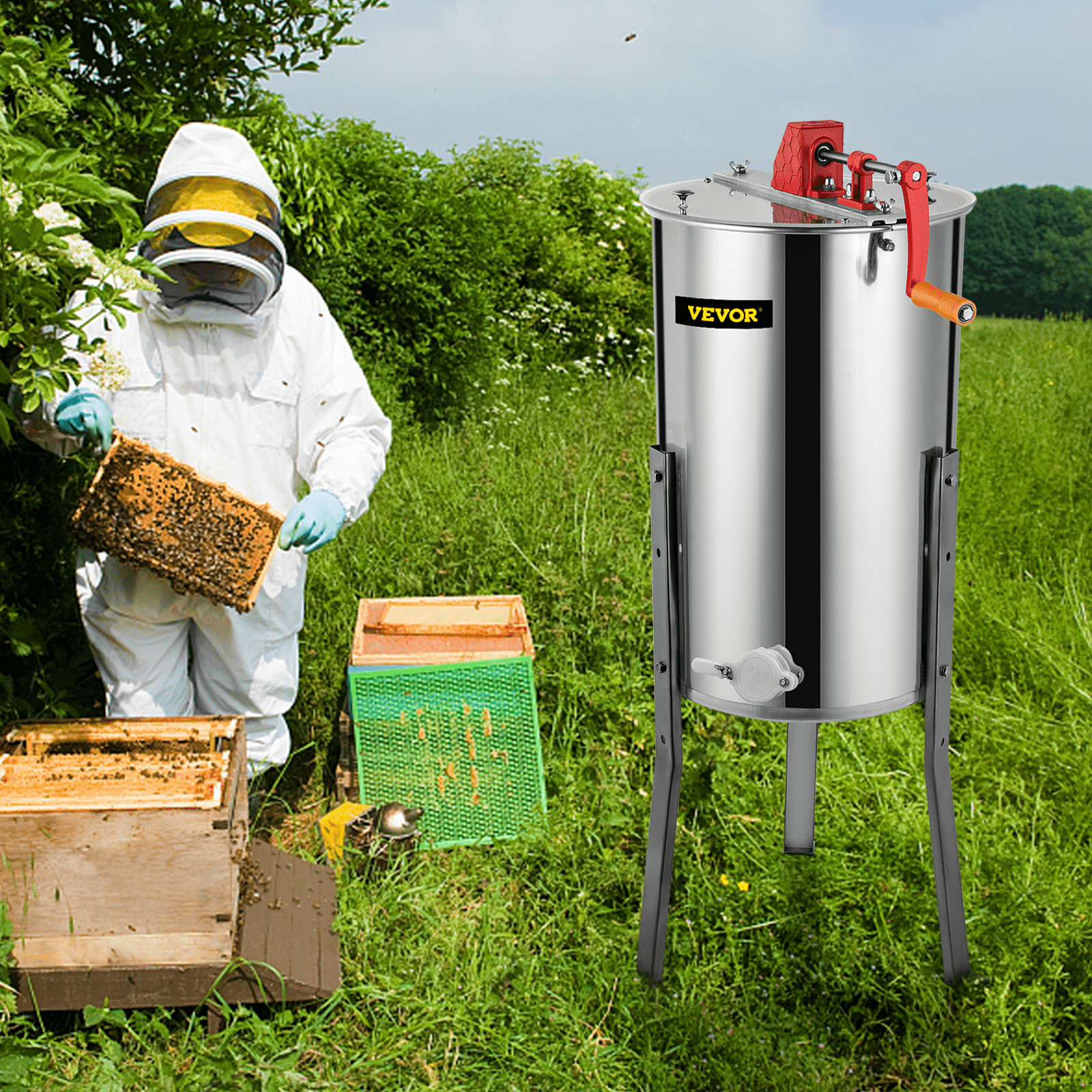 VEVOR Extractor Manual de Miel de 3 Cuadros, Exprimidor de Miel de Acero Inoxidable 201, Separador de Miel Altura de 61 cm, Colmena de Abejas Diámetro de 38 cm de Alta Resistencia, Fácil de Montar