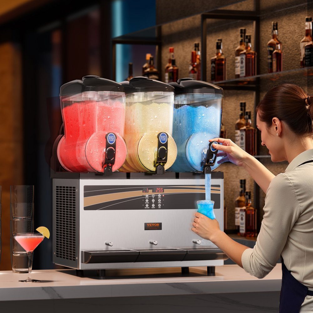 Máquina de granizados comercial VEVOR, 15Lx3, máquina de bebidas congeladas con triple tanque, 180 tazas de acero inoxidable para batidos de margarita, ideal para fiestas en casa, restaurantes, cafeterías y bares.