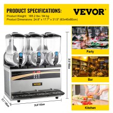 VEVOR Máquina de Granizados Comercial, Tanque de 3x15L Margarita Comercial, Máquina de Bebidas Congeladas de Acero Inoxidable de 1200 W, Ajuste de Temperatura de 26.6 °F a 28.4 °F, Perfecto para Restaurantes, Cafés, Bares