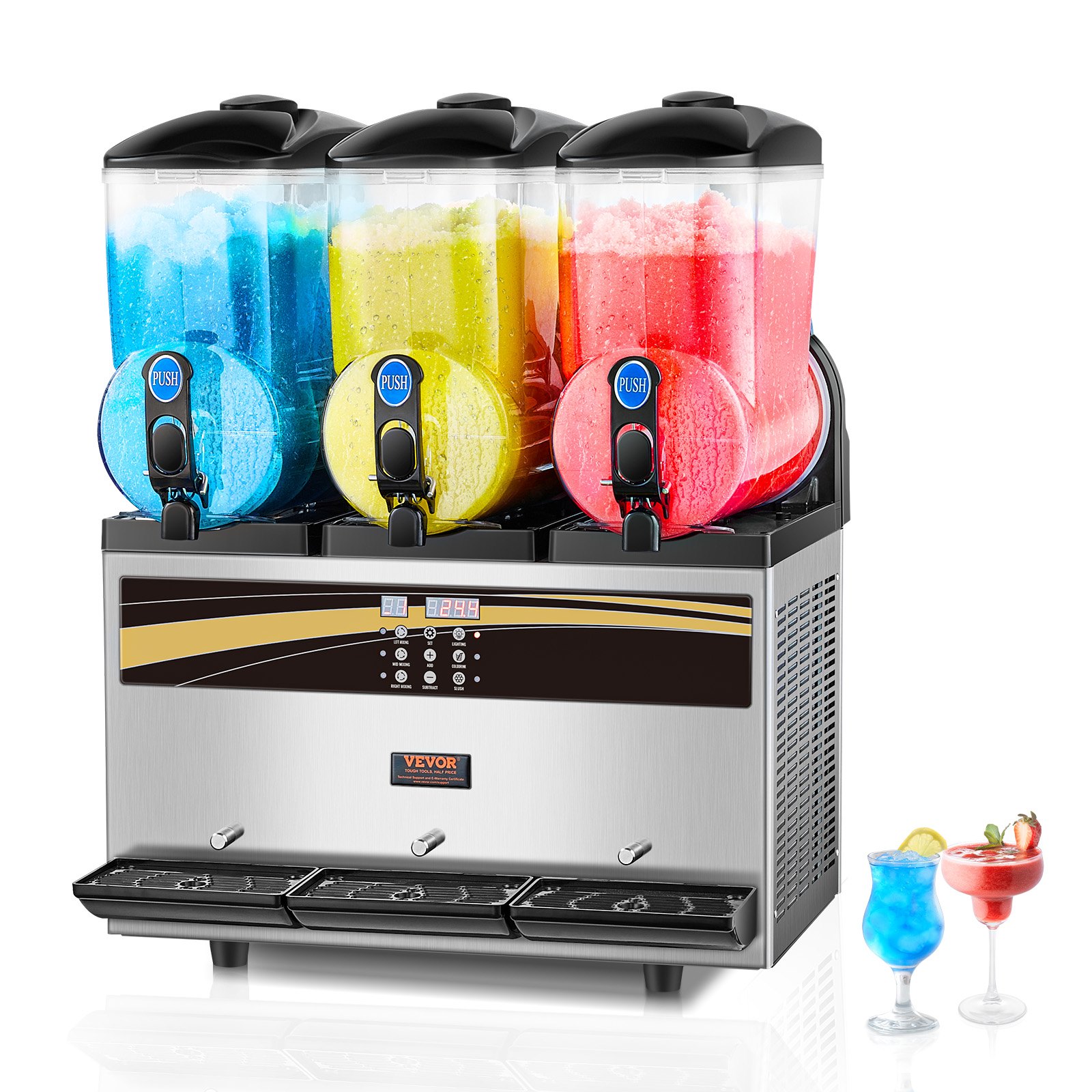 Máquina de granizados comercial VEVOR, 15Lx3, máquina de bebidas congeladas con triple tanque, 180 tazas de acero inoxidable para batidos de margarita, ideal para fiestas en casa, restaurantes, cafeterías y bares.