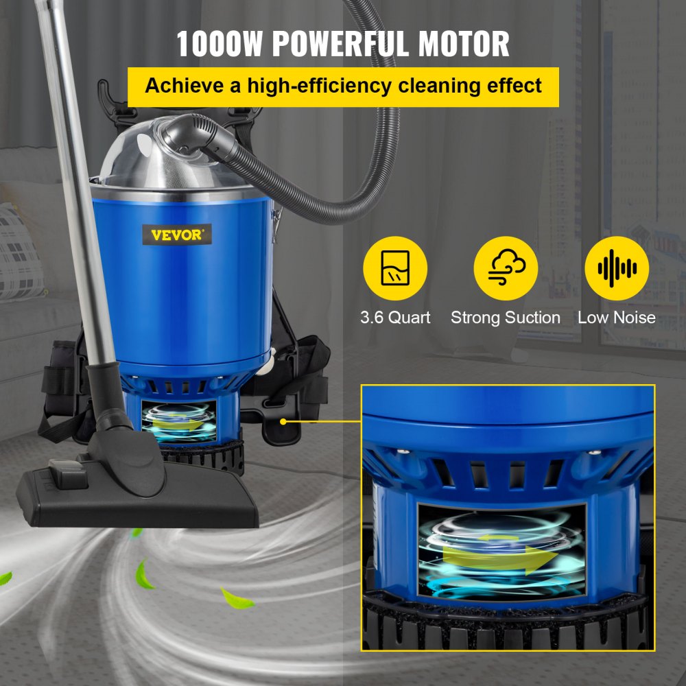 Aspiradora de mochila VEVOR con potente motor de 1000 W, capacidad de 3,6 cuartos, fuerte succión.