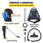 Aspiradora de mochila VEVOR con correas ajustables y accesorios esenciales para una limpieza eficiente.