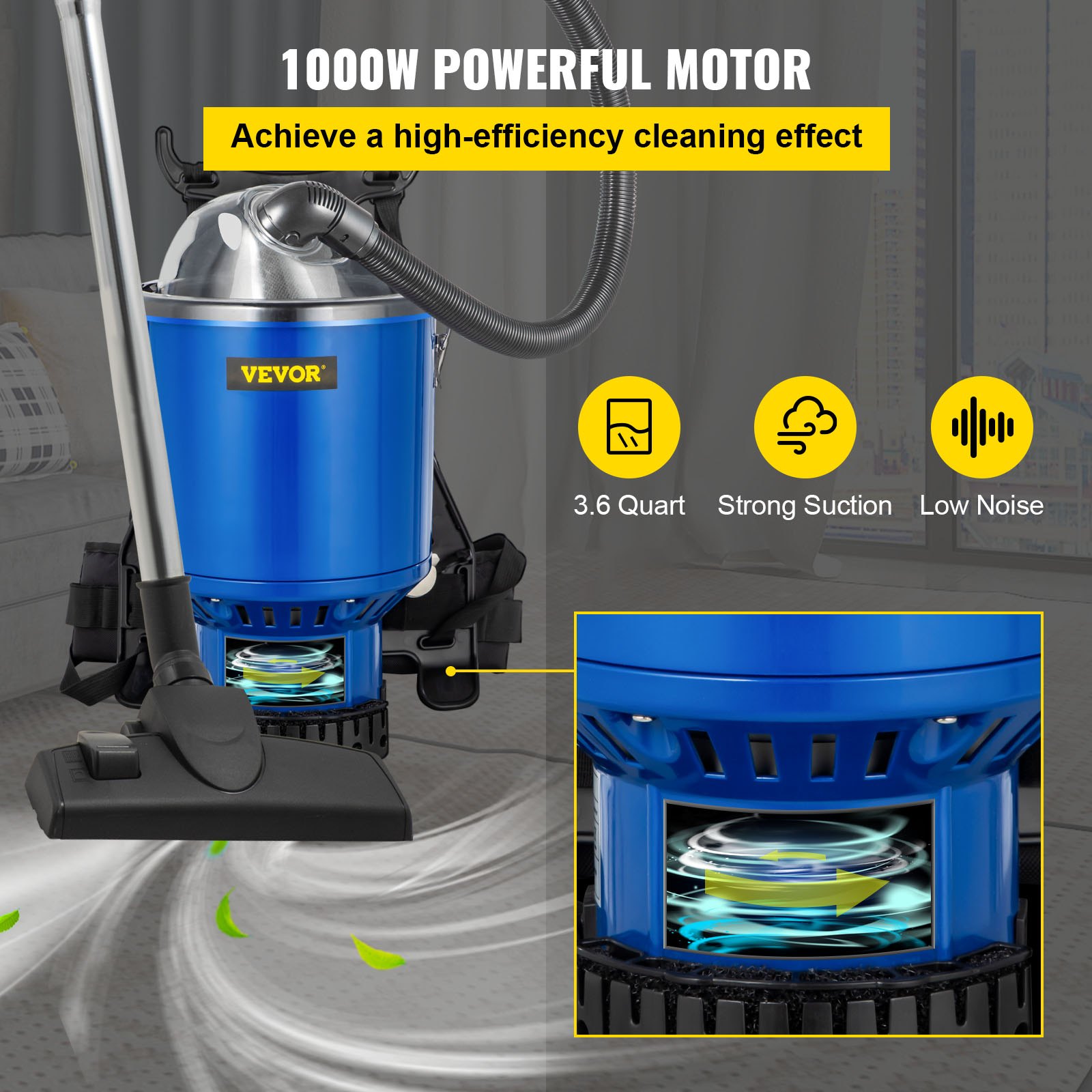 Aspiradora de mochila VEVOR con potente motor de 1000 W, capacidad de 3,6 cuartos, fuerte succión.
