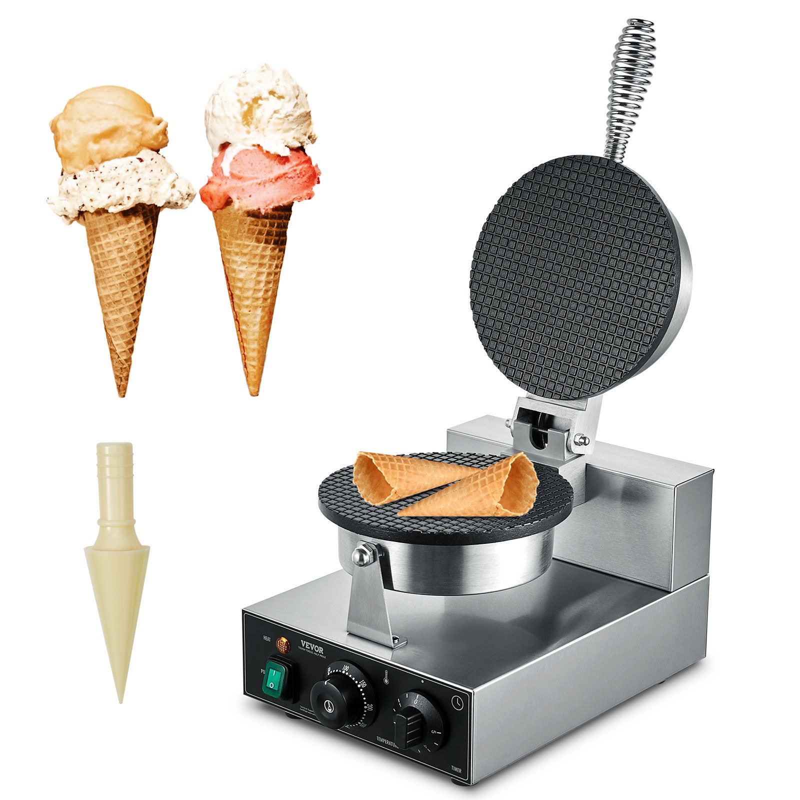 Máquina eléctrica para hacer conos de helado VEVOR, modelo comercial de 1230 W, incluye molde antiadherente de acero inoxidable para rollitos de huevo, control de temperatura y tiempo, asa, ideal para restaurantes, panaderías, bares y uso doméstico.