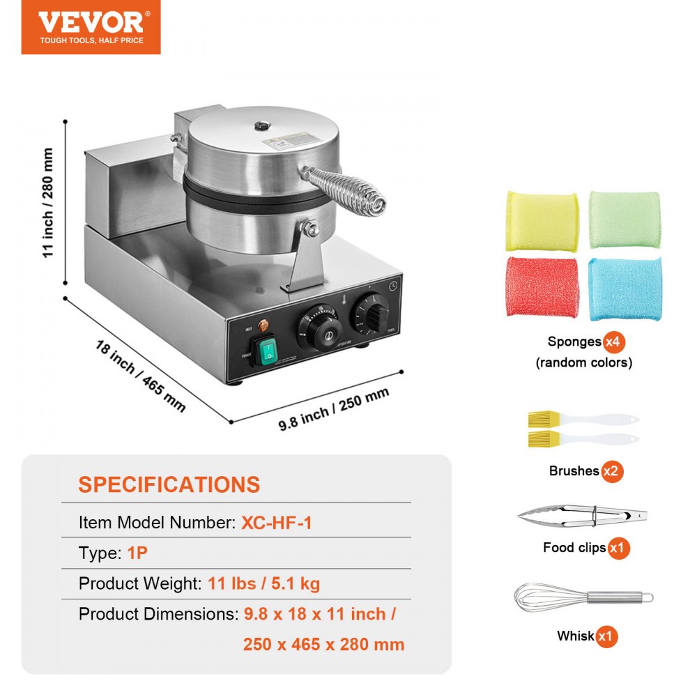 VEVOR Máquina para Hacer Gofres Redondos 1230 W, de Acero Inoxidable Antiadherente, con Control de Temperatura y Tiempo, Asa, para Restaurantes, Panaderías, Bares y Familias, 250 x 465 x 280 mm