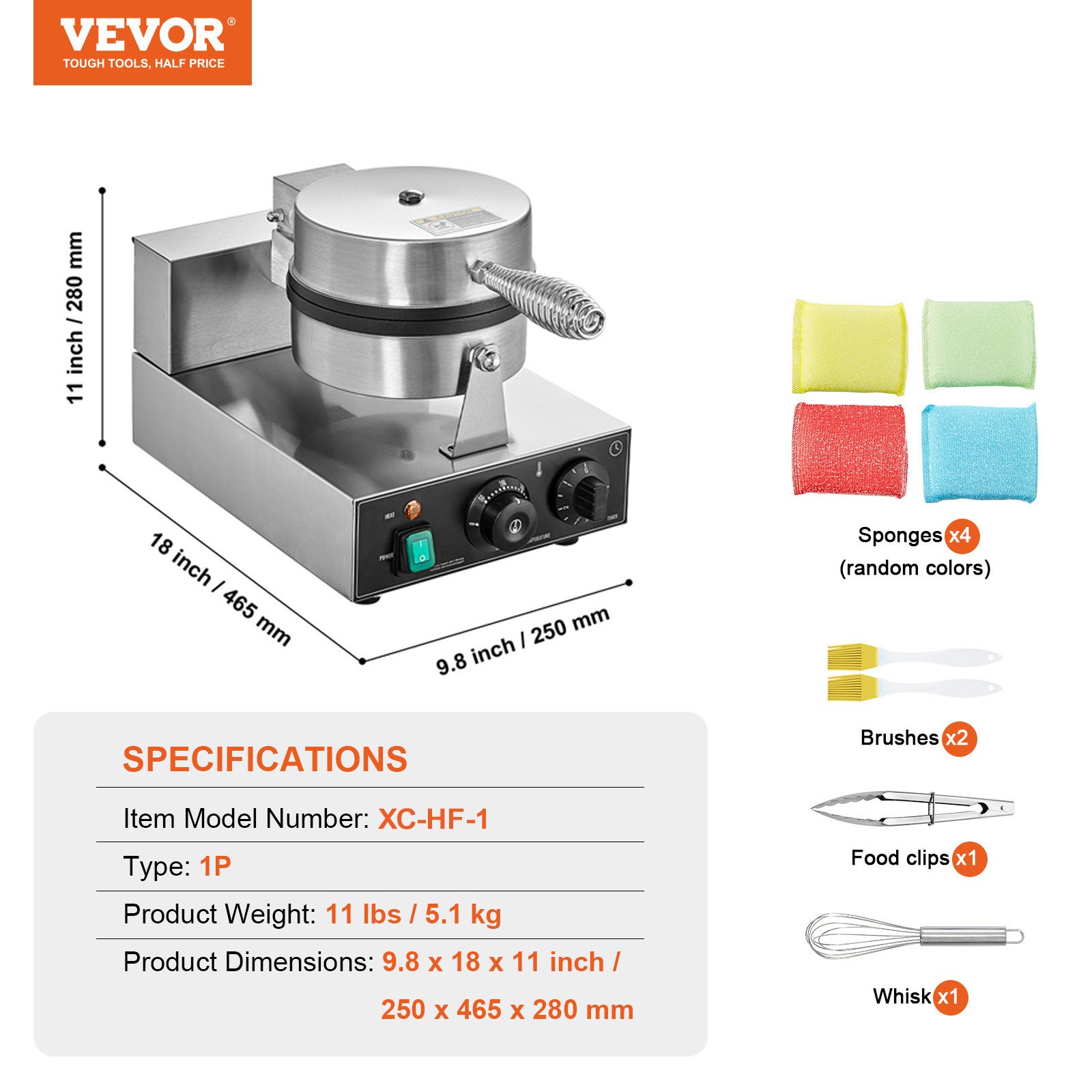 VEVOR Máquina para Hacer Gofres Redondos 1230 W, de Acero Inoxidable Antiadherente, con Control de Temperatura y Tiempo, Asa, para Restaurantes, Panaderías, Bares y Familias, 250 x 465 x 280 mm