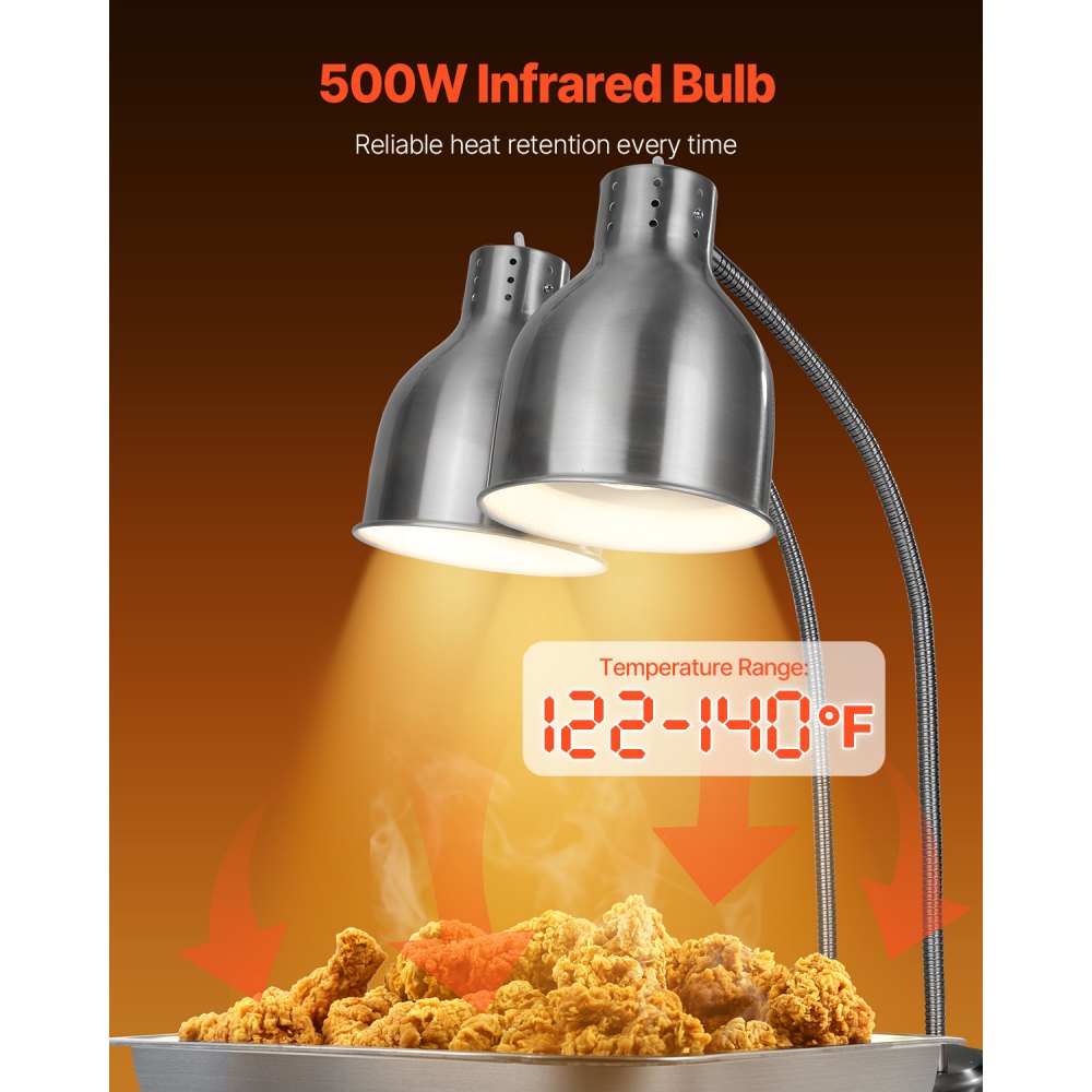 Lámpara de calentamiento de alimentos VEVOR, 500 W, eléctrica, comercial, para patatas fritas, de acero inoxidable, con 2 cabezales y 3 bombillas, ideal para cocinas, bufés y restaurantes, color plateado.
