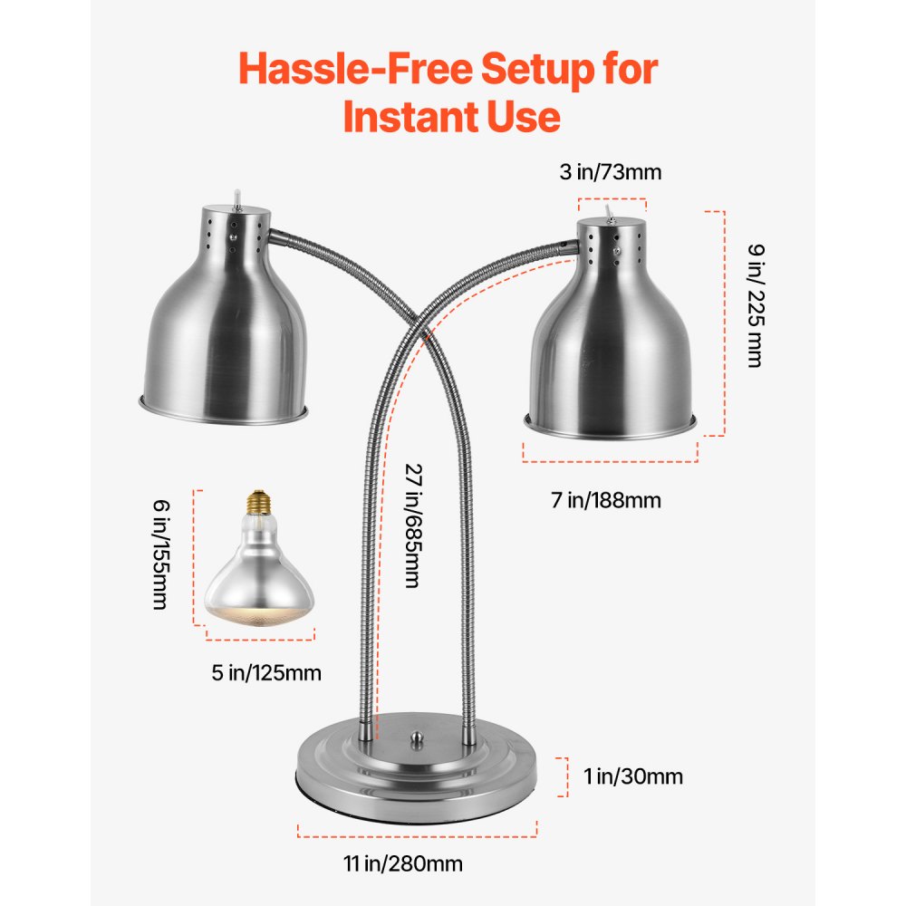 Lámpara de calentamiento de alimentos VEVOR, 500 W, eléctrica, comercial, para patatas fritas, de acero inoxidable, con 2 cabezales y 3 bombillas, ideal para cocinas, bufés y restaurantes, color plateado.