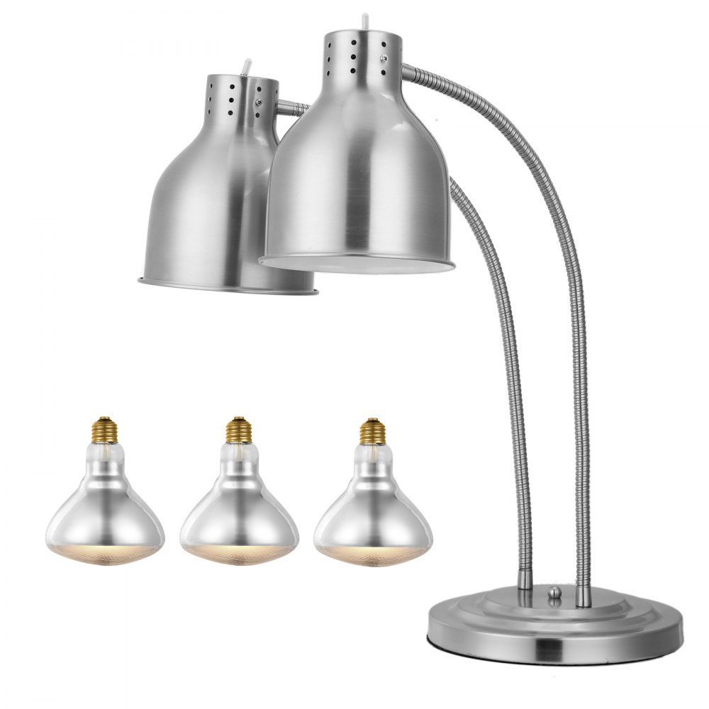 Lámpara de calentamiento de alimentos VEVOR, 500 W, eléctrica, comercial, para patatas fritas, de acero inoxidable, con 2 cabezales y 3 bombillas, ideal para cocinas, bufés y restaurantes, color plateado.