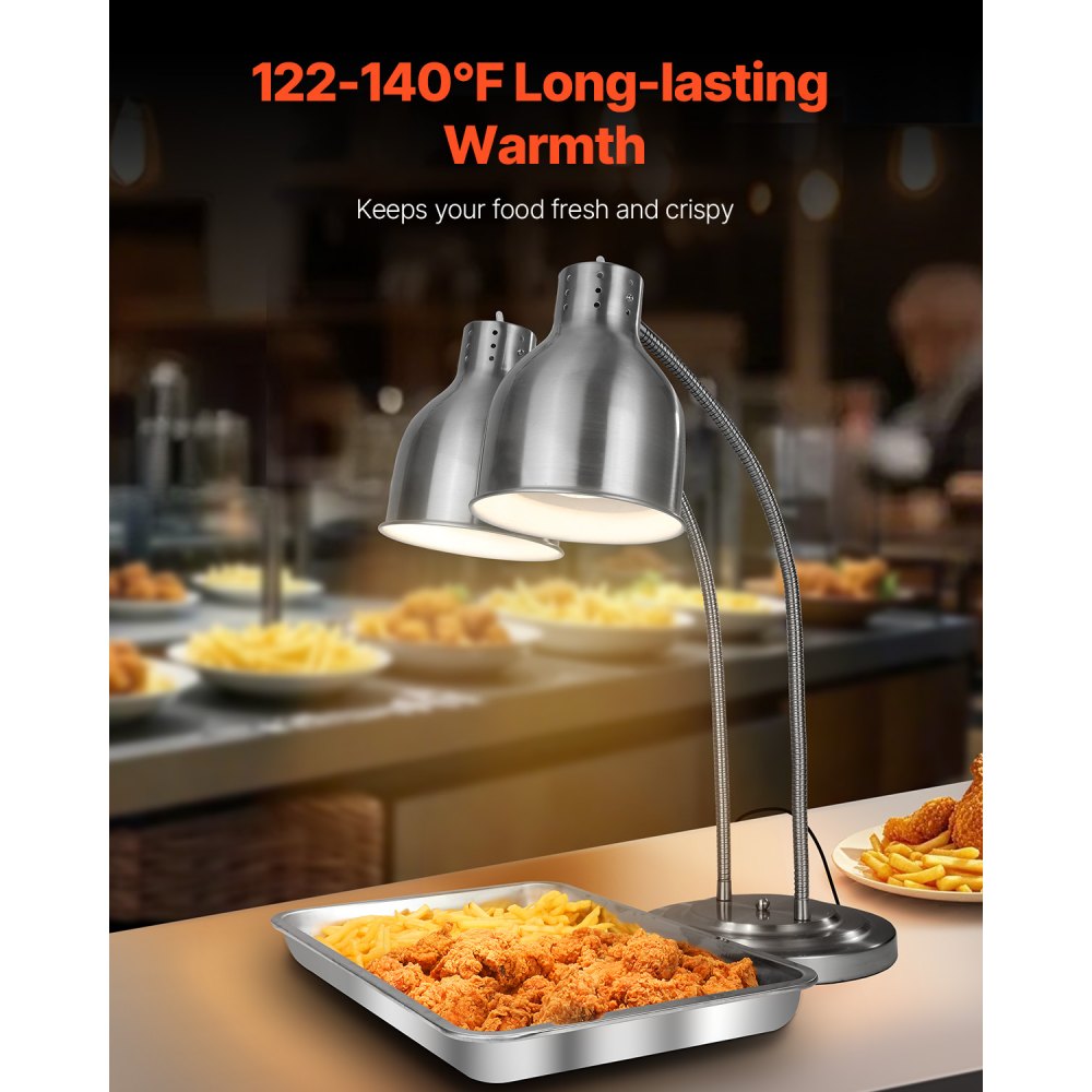 Lámpara de calentamiento de alimentos VEVOR, 500 W, eléctrica, comercial, para patatas fritas, de acero inoxidable, con 2 cabezales y 3 bombillas, ideal para cocinas, bufés y restaurantes, color plateado.