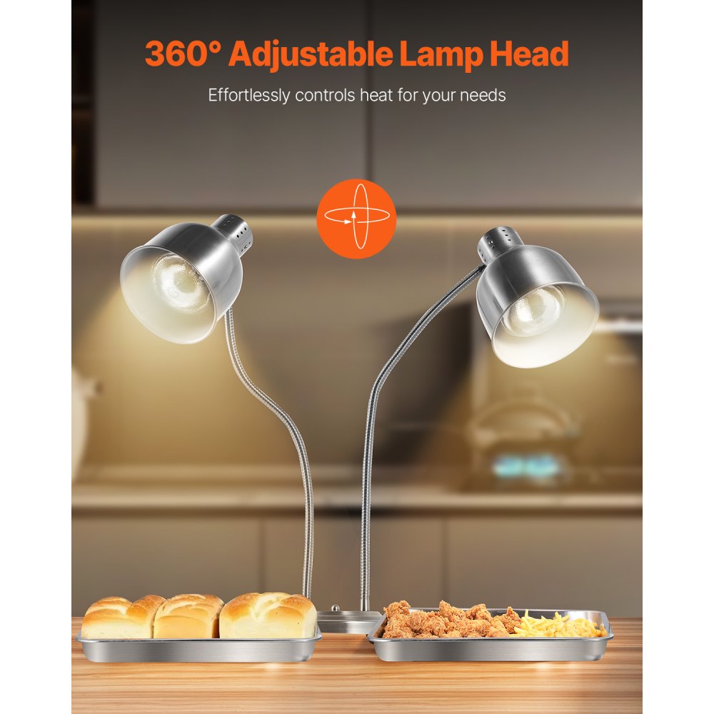 Lámpara de calentamiento de alimentos VEVOR, 500 W, eléctrica, comercial, para patatas fritas, de acero inoxidable, con 2 cabezales y 3 bombillas, ideal para cocinas, bufés y restaurantes, color plateado.