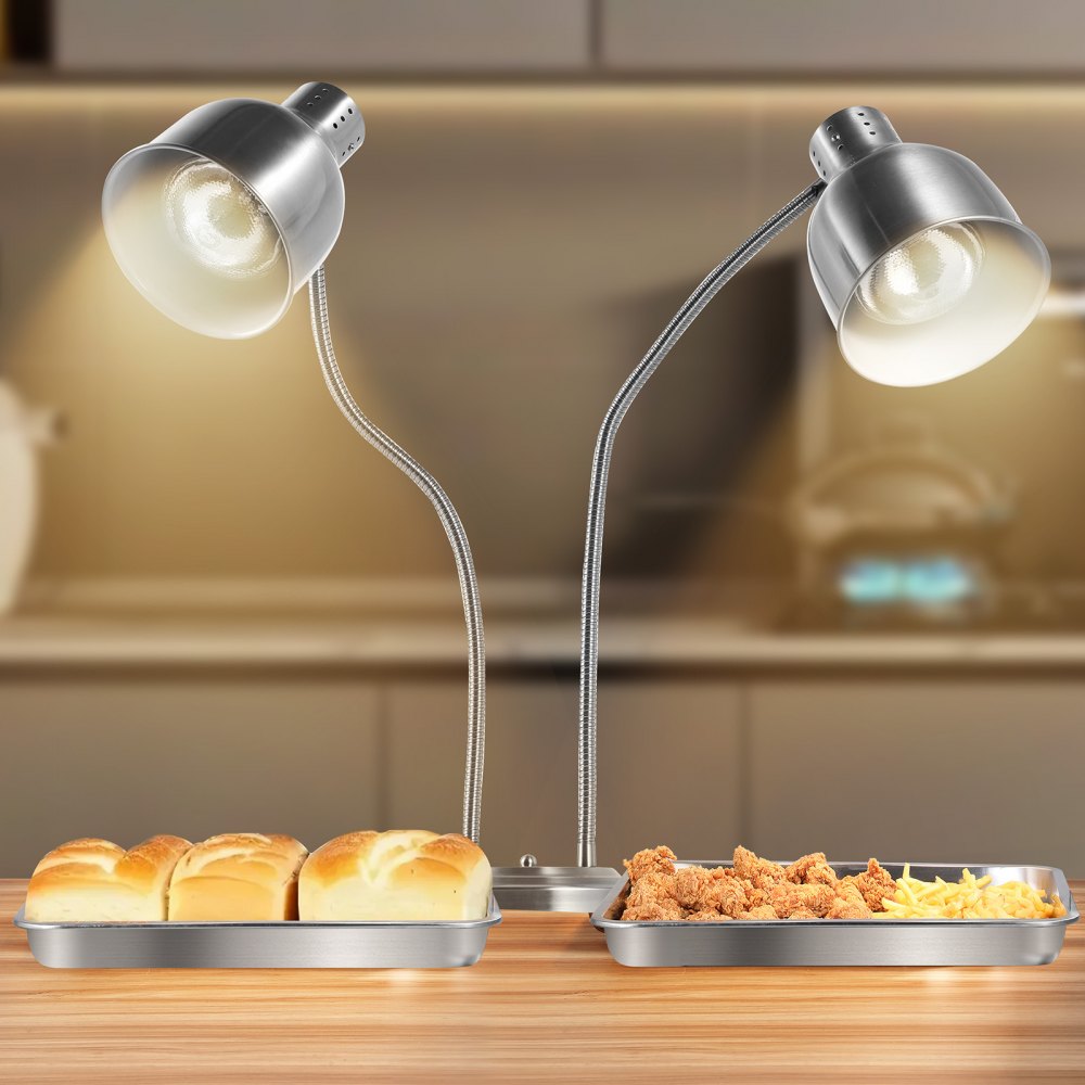 Lámpara de calentamiento de alimentos VEVOR, 500 W, eléctrica, comercial, para patatas fritas, de acero inoxidable, con 2 cabezales y 3 bombillas, ideal para cocinas, bufés y restaurantes, color plateado.