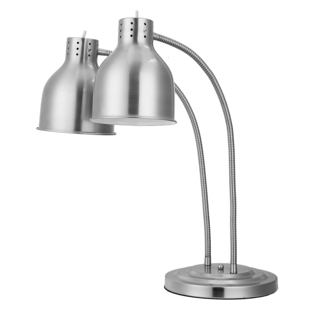 Lámpara de calentamiento de alimentos VEVOR, 500 W, eléctrica, comercial, para patatas fritas, de acero inoxidable, con 2 cabezales y 3 bombillas, ideal para cocinas, bufés y restaurantes, color plateado.