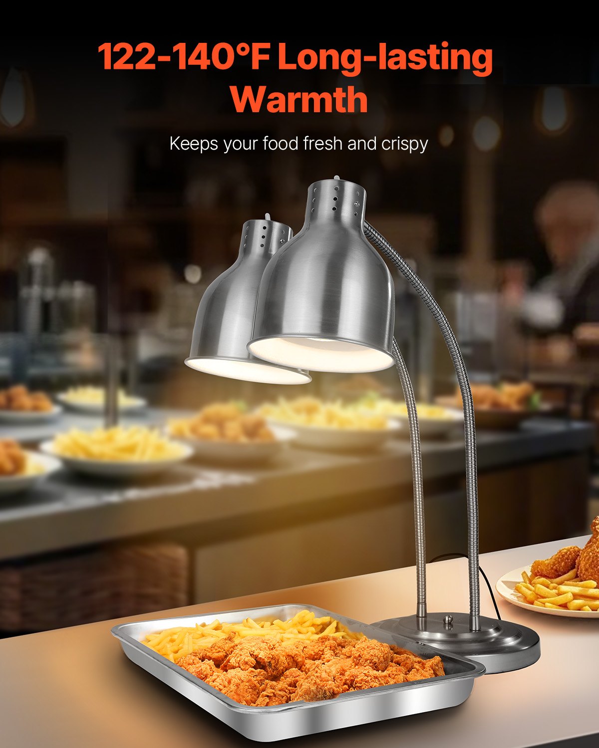 Lámpara de calentamiento de alimentos VEVOR, 500 W, eléctrica, comercial, para patatas fritas, de acero inoxidable, con 2 cabezales y 3 bombillas, ideal para cocinas, bufés y restaurantes, color plateado.