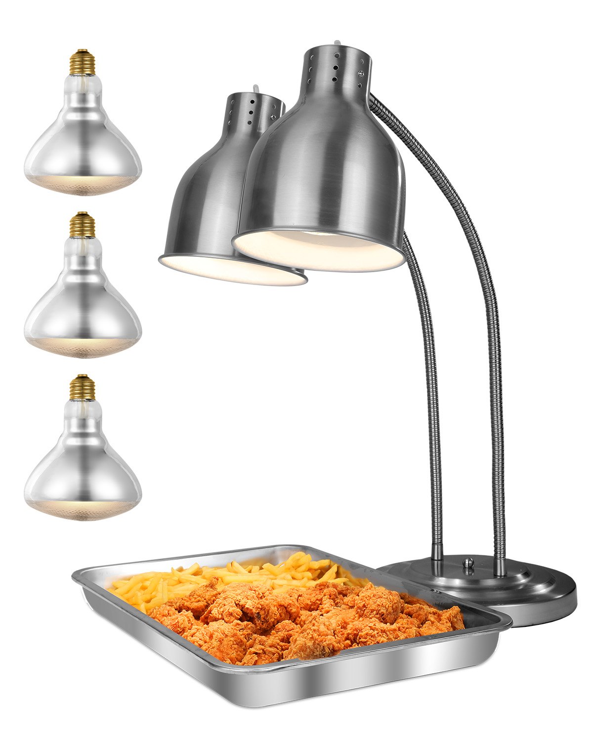 Lámpara de calentamiento de alimentos VEVOR, 500 W, eléctrica, comercial, para patatas fritas, de acero inoxidable, con 2 cabezales y 3 bombillas, ideal para cocinas, bufés y restaurantes, color plateado.