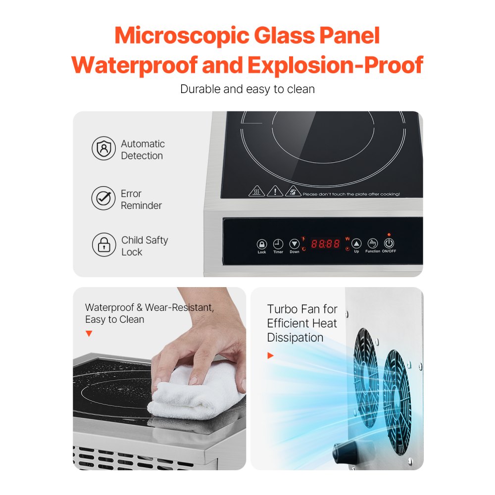 Placa de inducción portátil VEVOR, quemador de inducción comercial de 1800 W con 9 ajustes de temperatura, placa calefactora de acero inoxidable para encimera con temporizador de 3 h y bloqueo para niños, para cocina de restaurante.