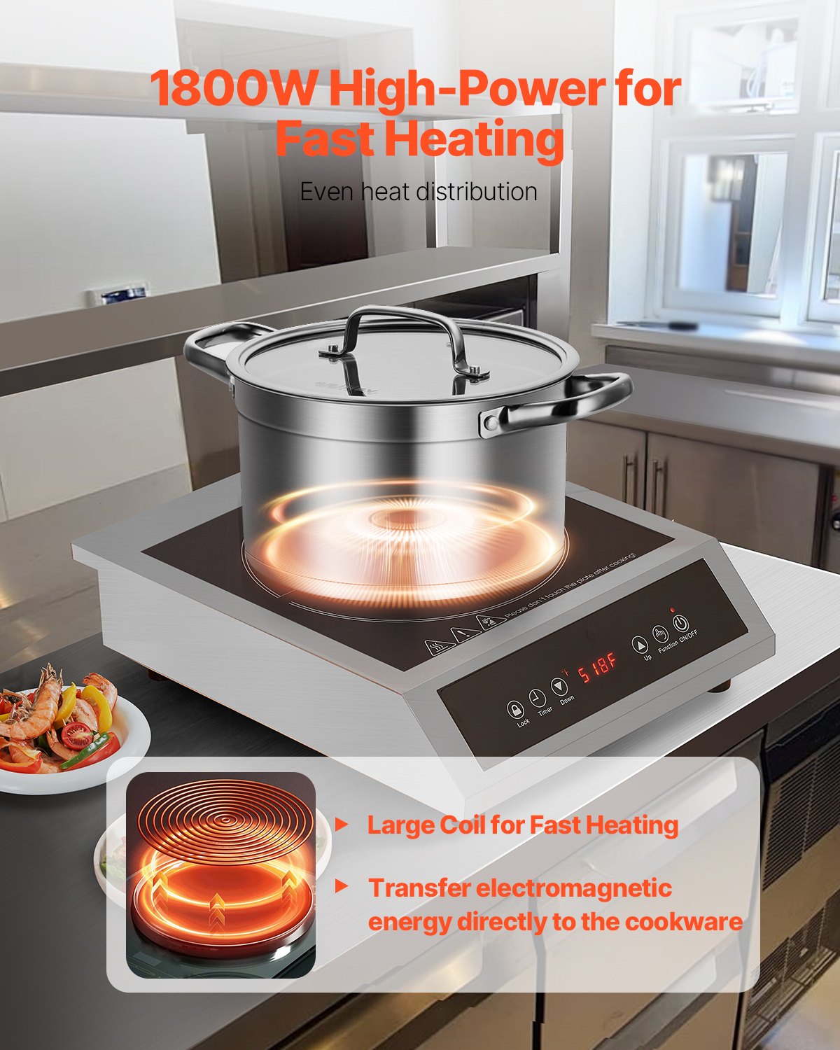 Cocina de inducción comercial portátil de 1800 W con quemador de encimera y 9 niveles de temperatura