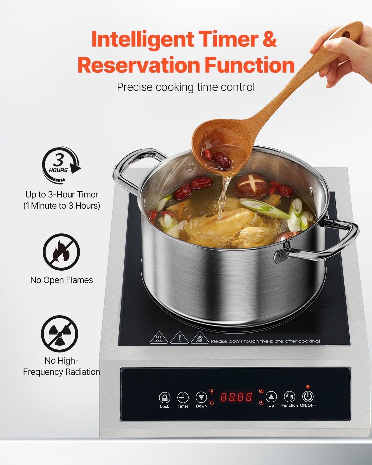 Cocina de inducción comercial portátil de 1800 W con quemador de encimera y 9 niveles de temperatura