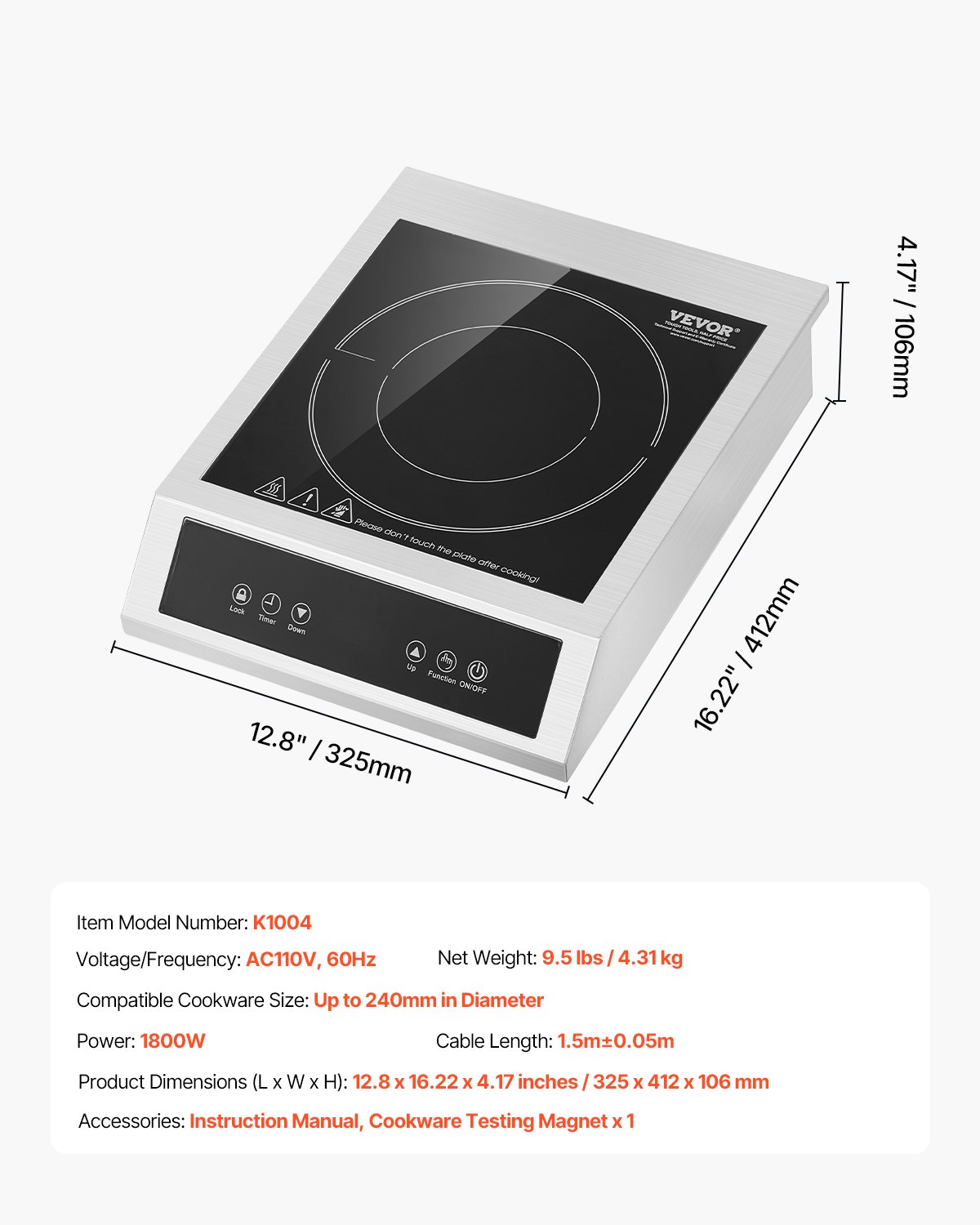 Cocina de inducción comercial portátil de 1800 W con quemador de encimera y 9 niveles de temperatura