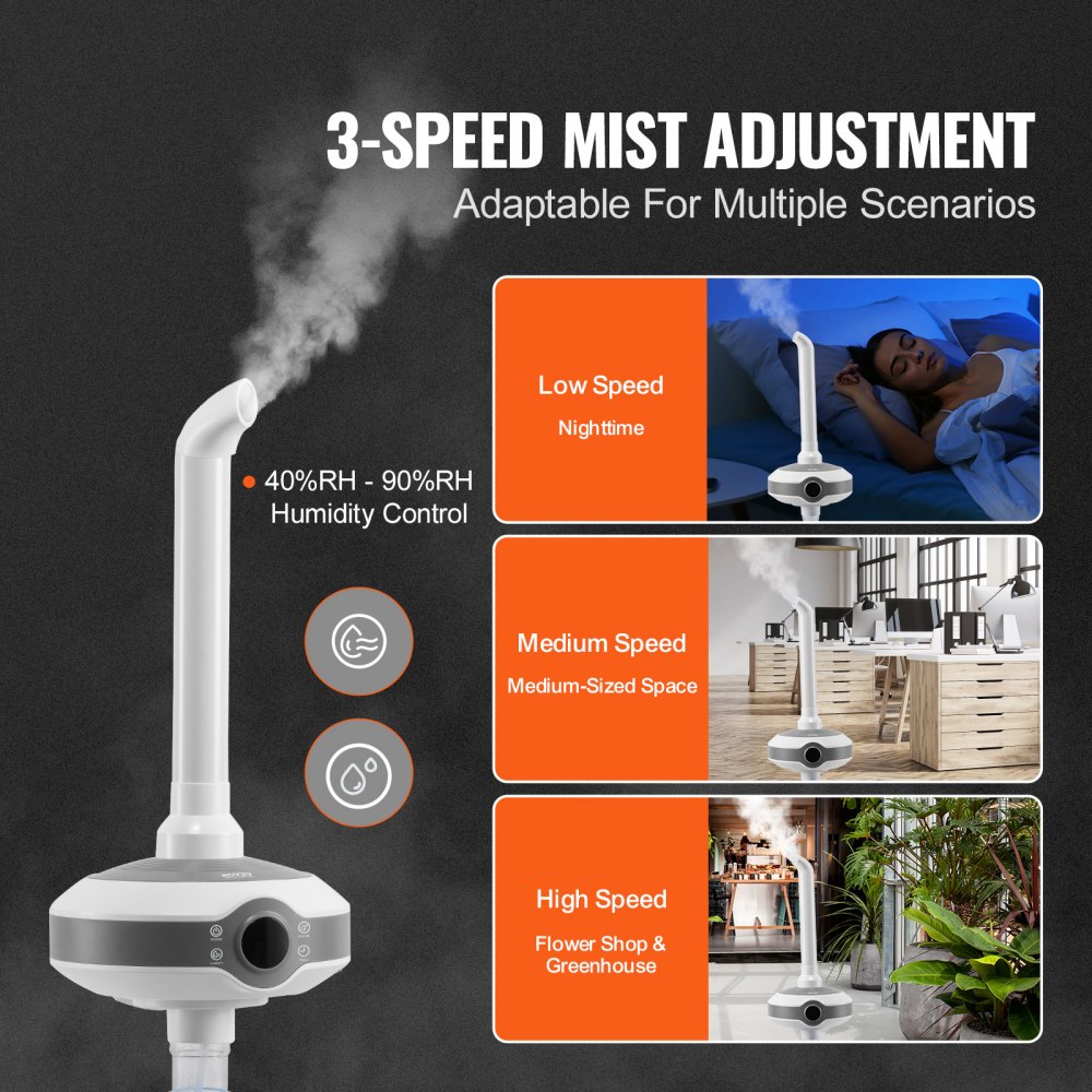 Humidificador VEVOR para habitaciones grandes de 119,5 m² (1291,7 pies cuadrados), humidificador industrial y comercial, salida de 560 ml/h, apagado automático, humidificador ultrasónico de vapor frío para el hogar, invernaderos, plantaciones de interior, almacenes y oficinas.