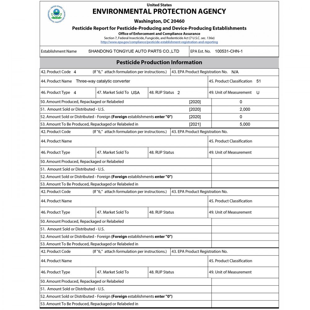 Informe de pesticidas de la EPA que detalla la información de producción del convertidor catalítico transversal VEVOR.