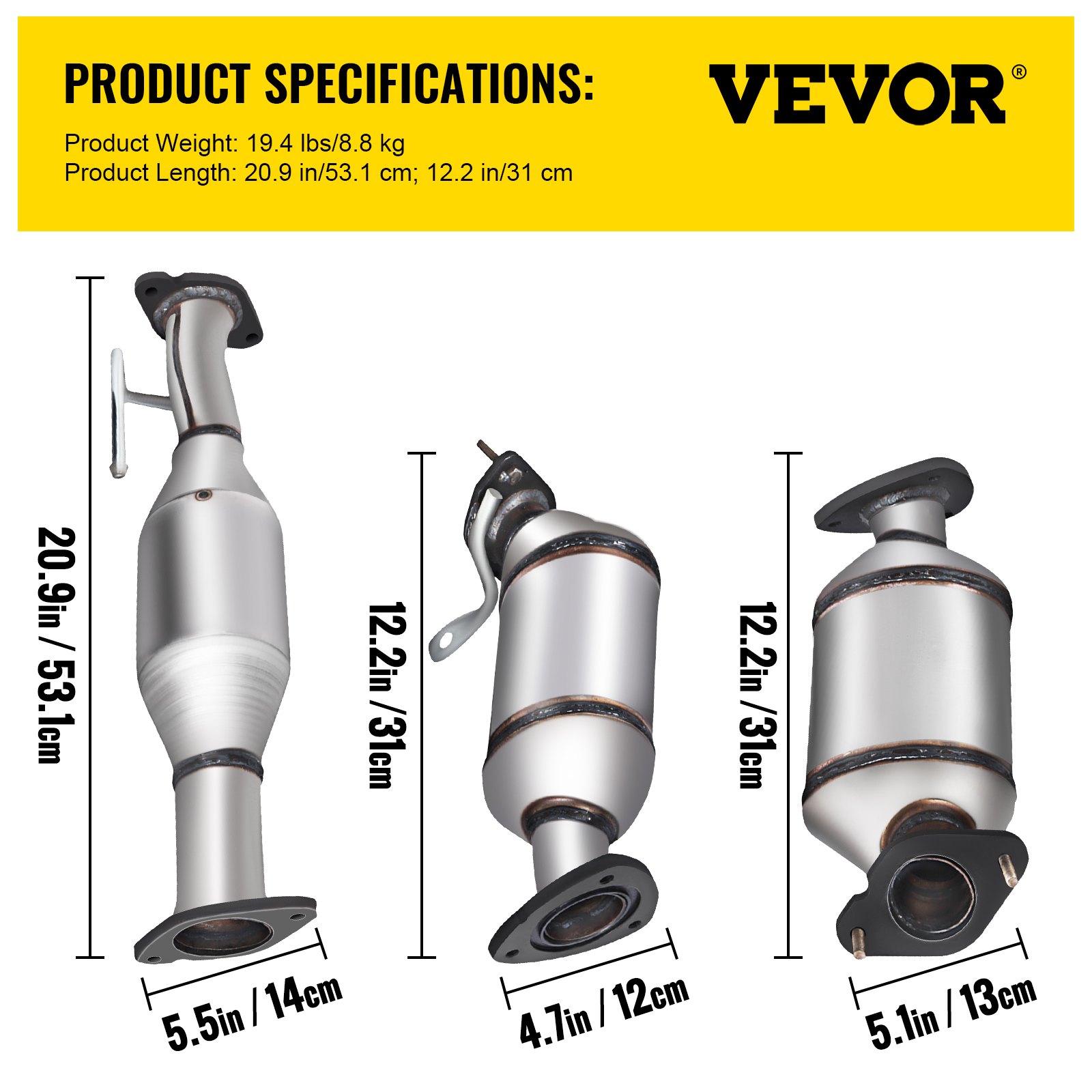 Convertidor catalítico transversal VEVOR con especificaciones y medidas.