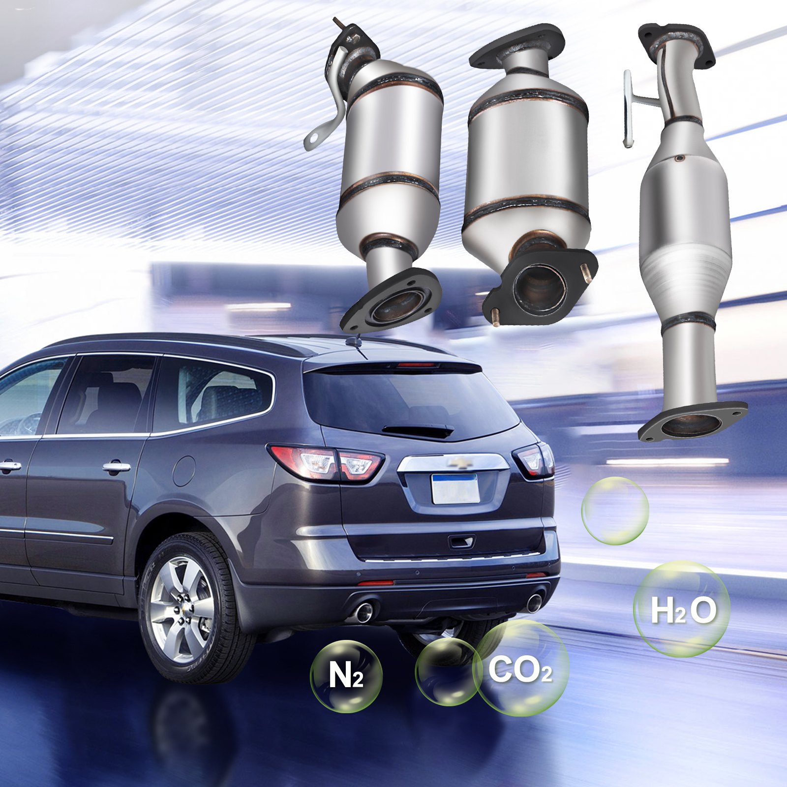 Convertidor catalítico transversal VEVOR para control de emisiones de SUV y reducción de contaminantes.