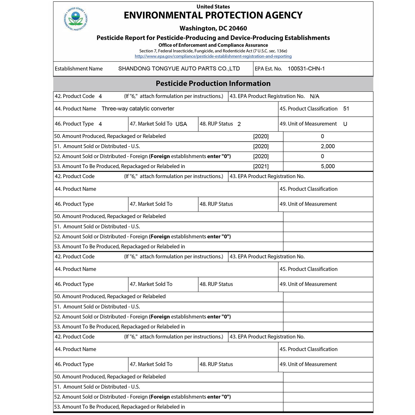 Informe de pesticidas de la EPA que detalla la información de producción del convertidor catalítico transversal VEVOR.