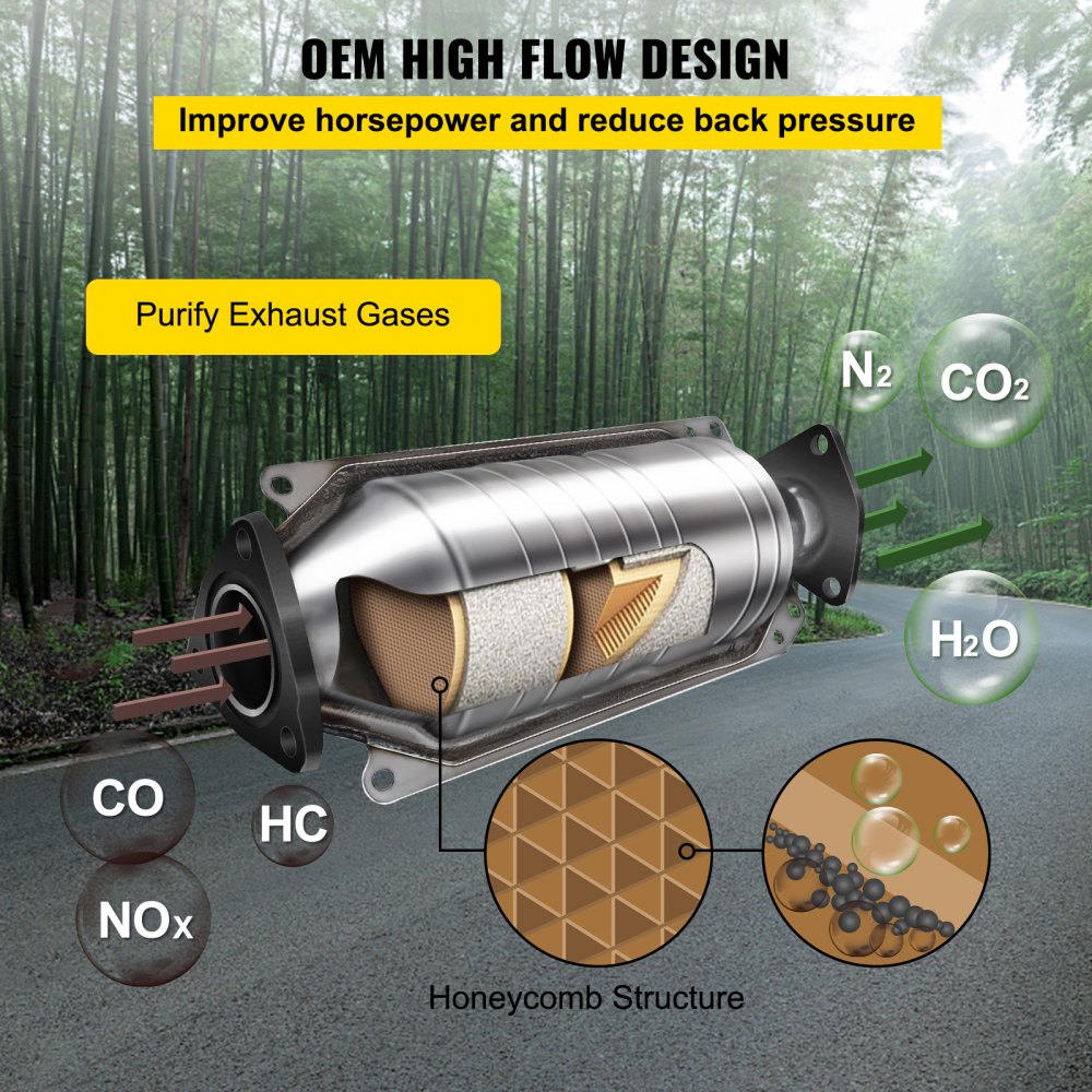 Convertidor catalítico VEVOR para Honda Accord con estructura de panal en fondo forestal.