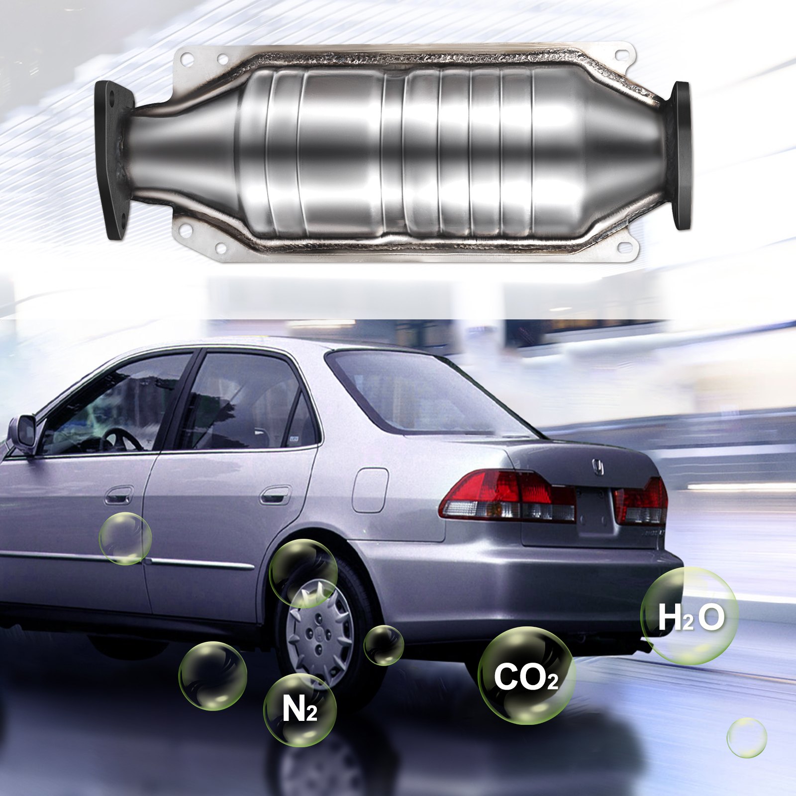 Convertidor catalítico VEVOR para Honda Accord con etiquetas de emisiones y vista trasera del vehículo.