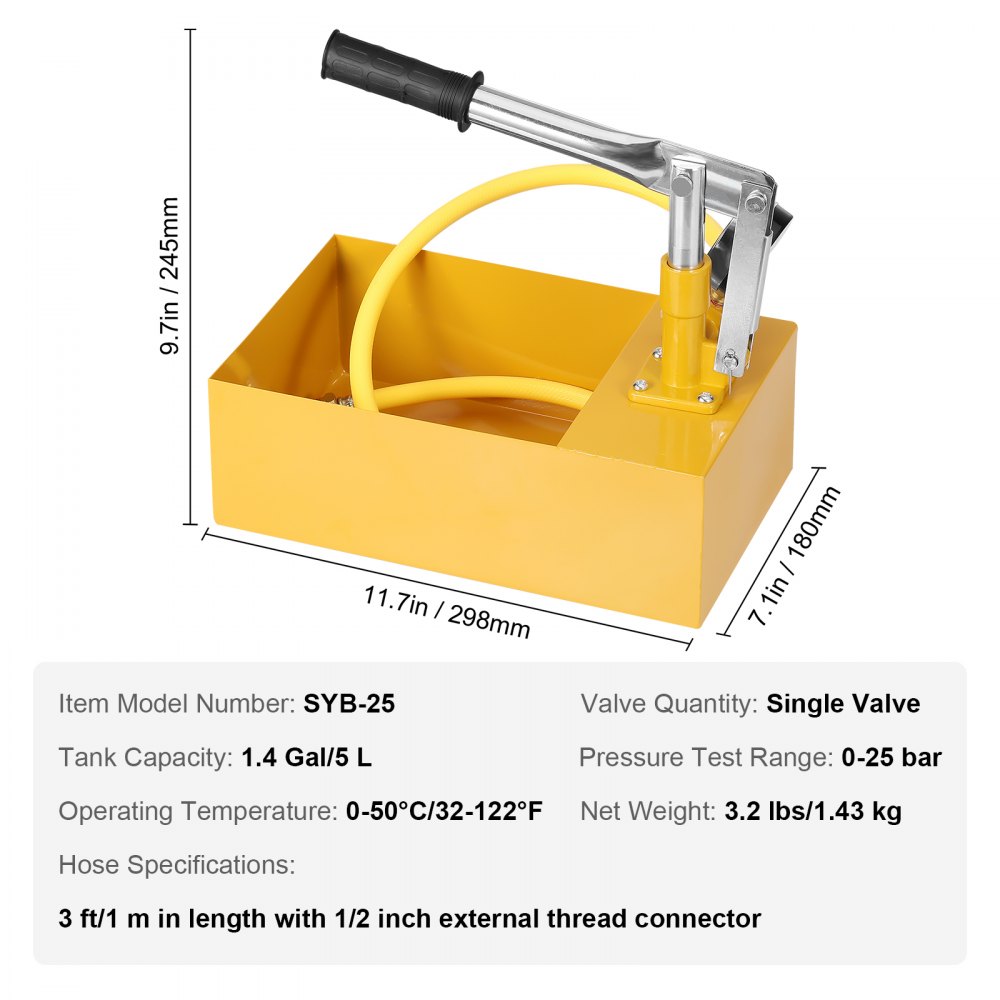Bomba de prueba hidrostática VEVOR, máx. 25 bar/362 PSI, kit de comprobador de presión de agua manual hidráulico de una sola válvula con manómetro, tanque de agua de 1,4 galones, manguera de 3 pies con conector de rosca externa de 1/2 pulgada para tubería