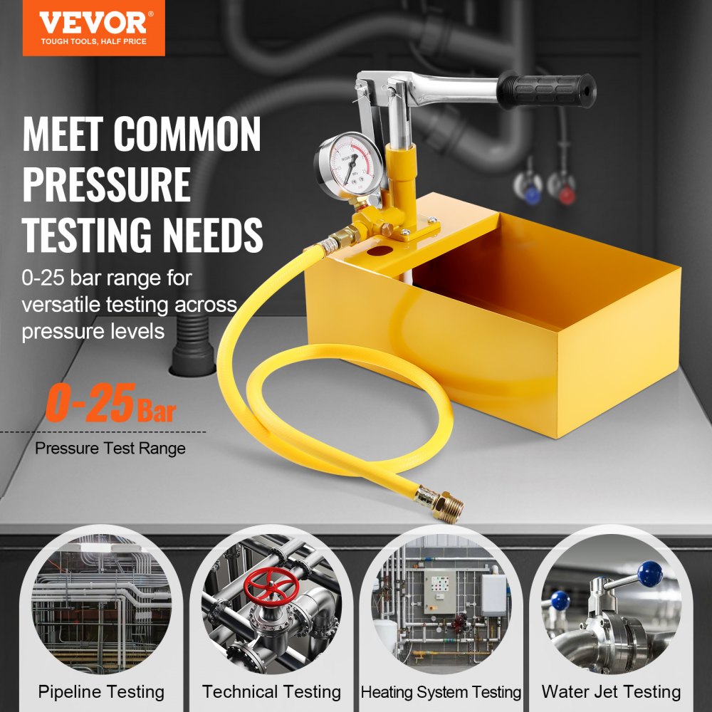 VEVOR Bomba de Prueba Hidrostática 25 Bar Kit de Probador de Presión de Agua Manual Hidráulico de Válvula Simple con Tanque de Agua 5L Manguera de 1m con Conector de Rosca Externa de 1/2" para Tubería